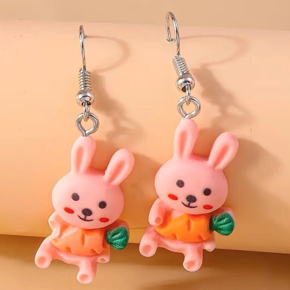 Earrings Rabbit Easter Bunny Carrot Dangle Fun Festive Cute Pink Holiday Trendy